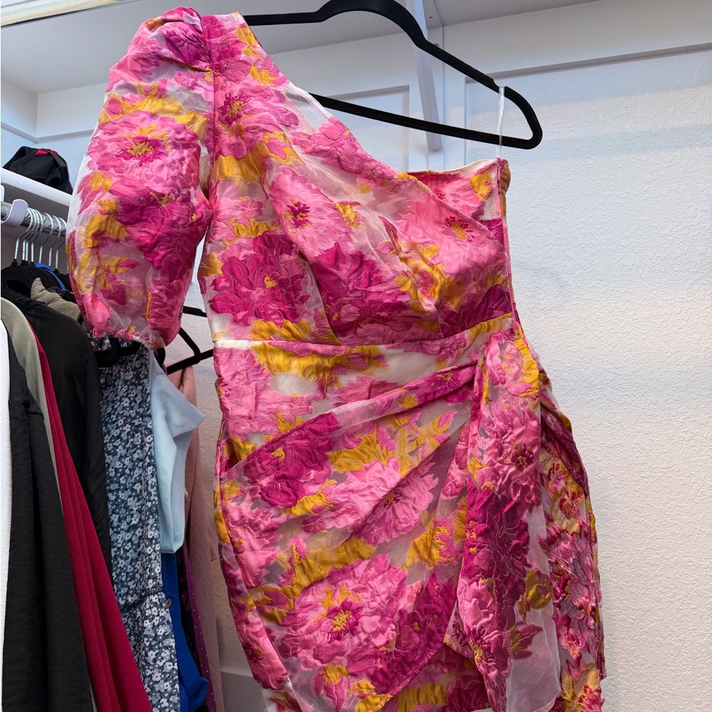 Showpo Pink and Yellow One-Shoulder Dress